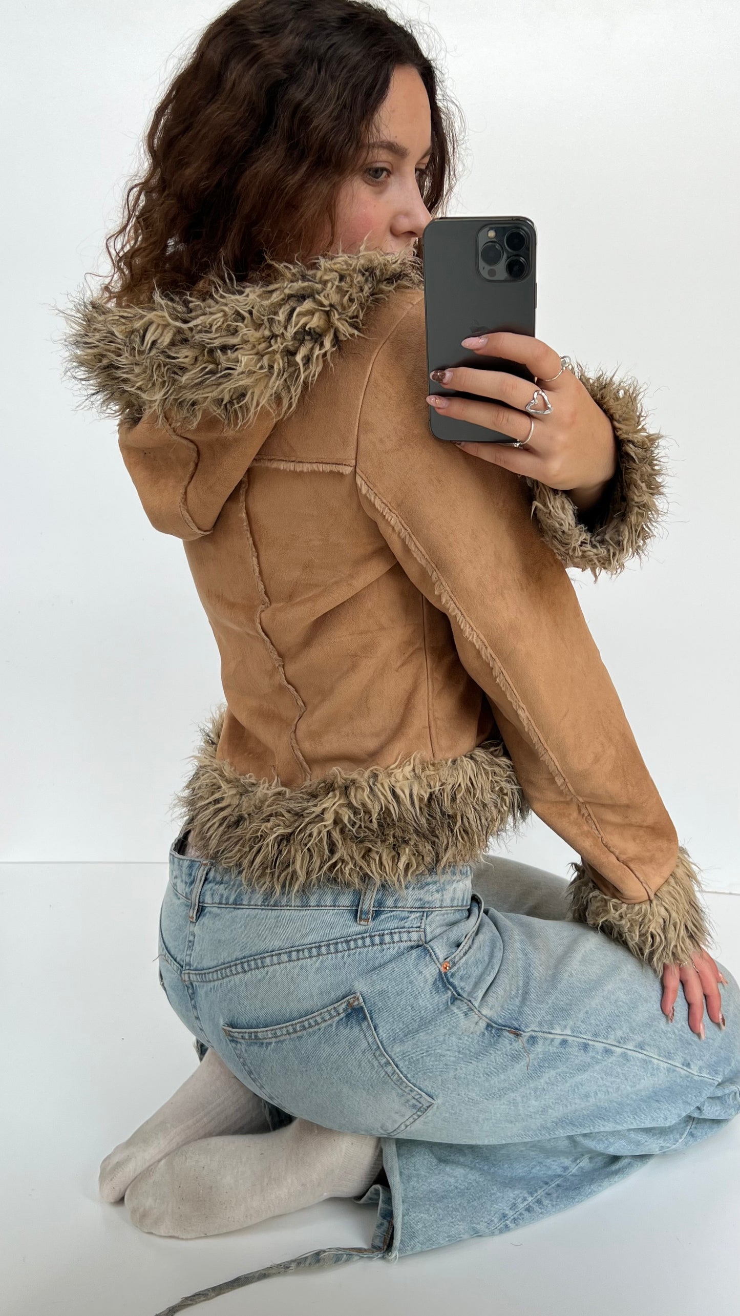 00s brown fur short afghan coat- size L