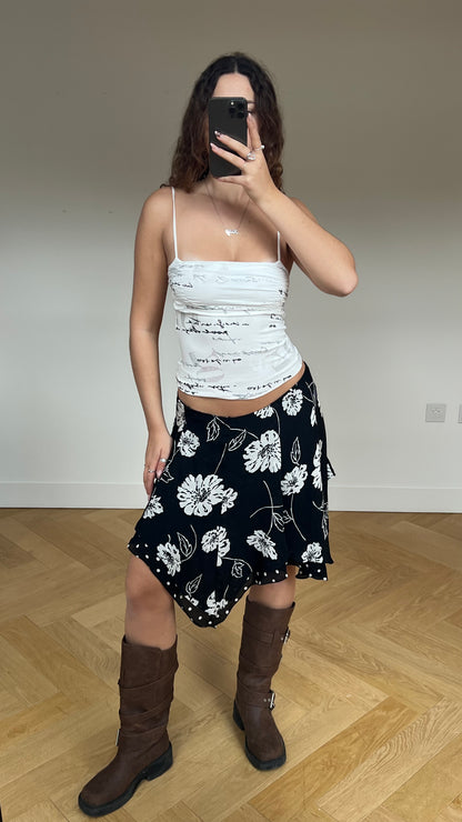 00s black polka dot floral midi skirt- size M