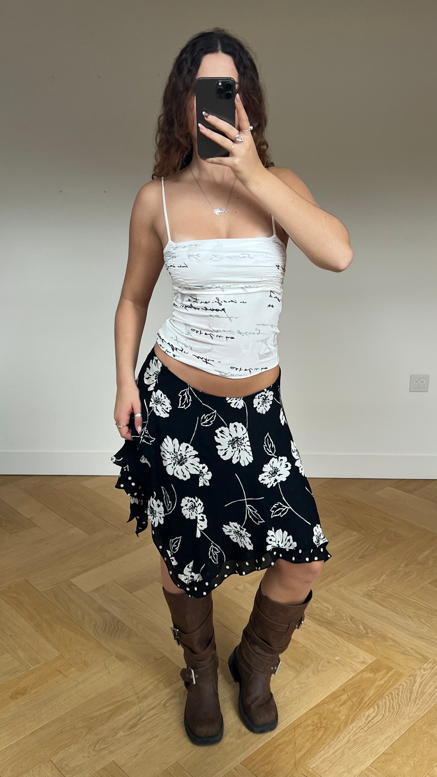 00s black polka dot floral midi skirt- size M