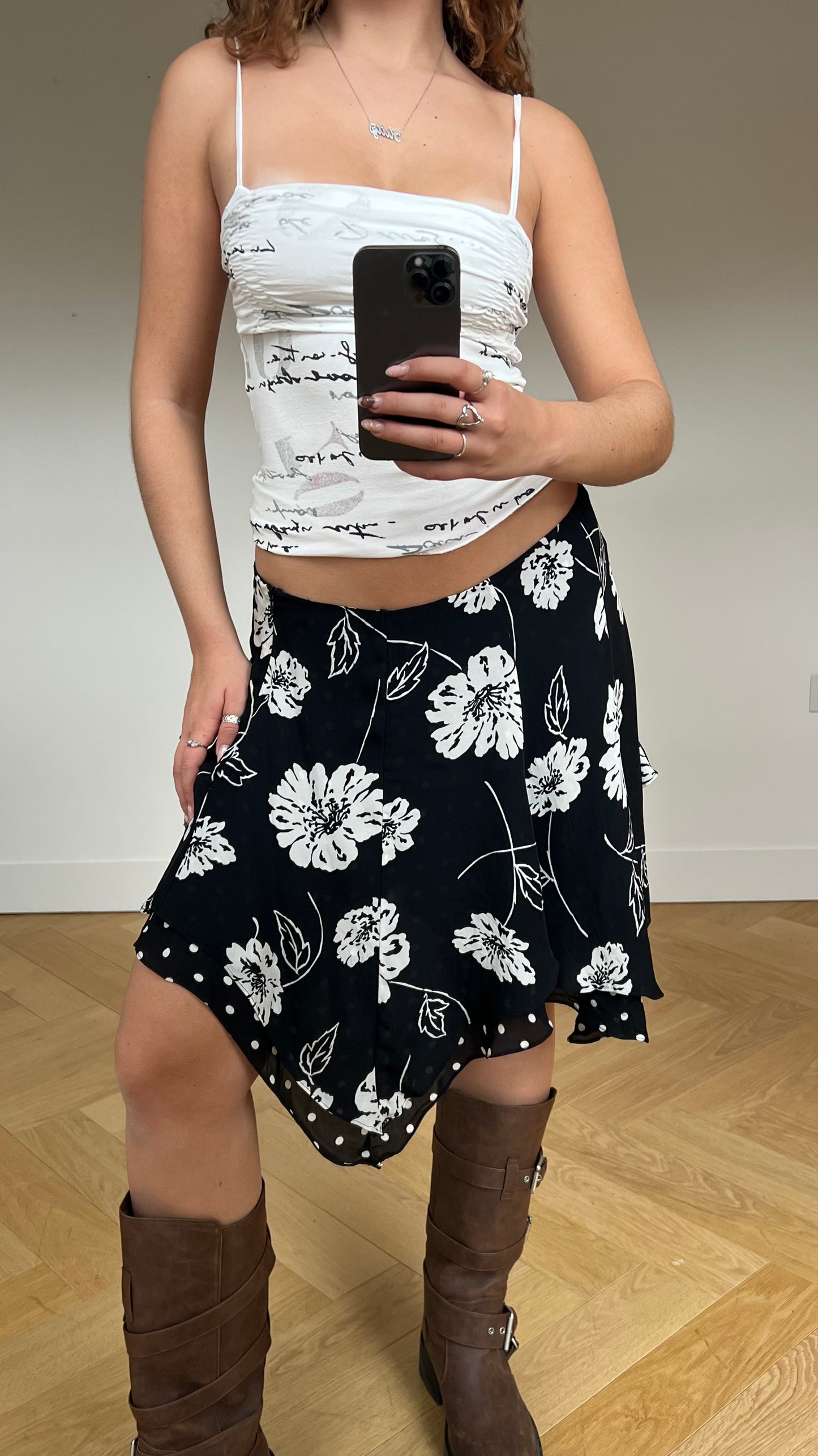 00s black polka dot floral midi skirt- size M