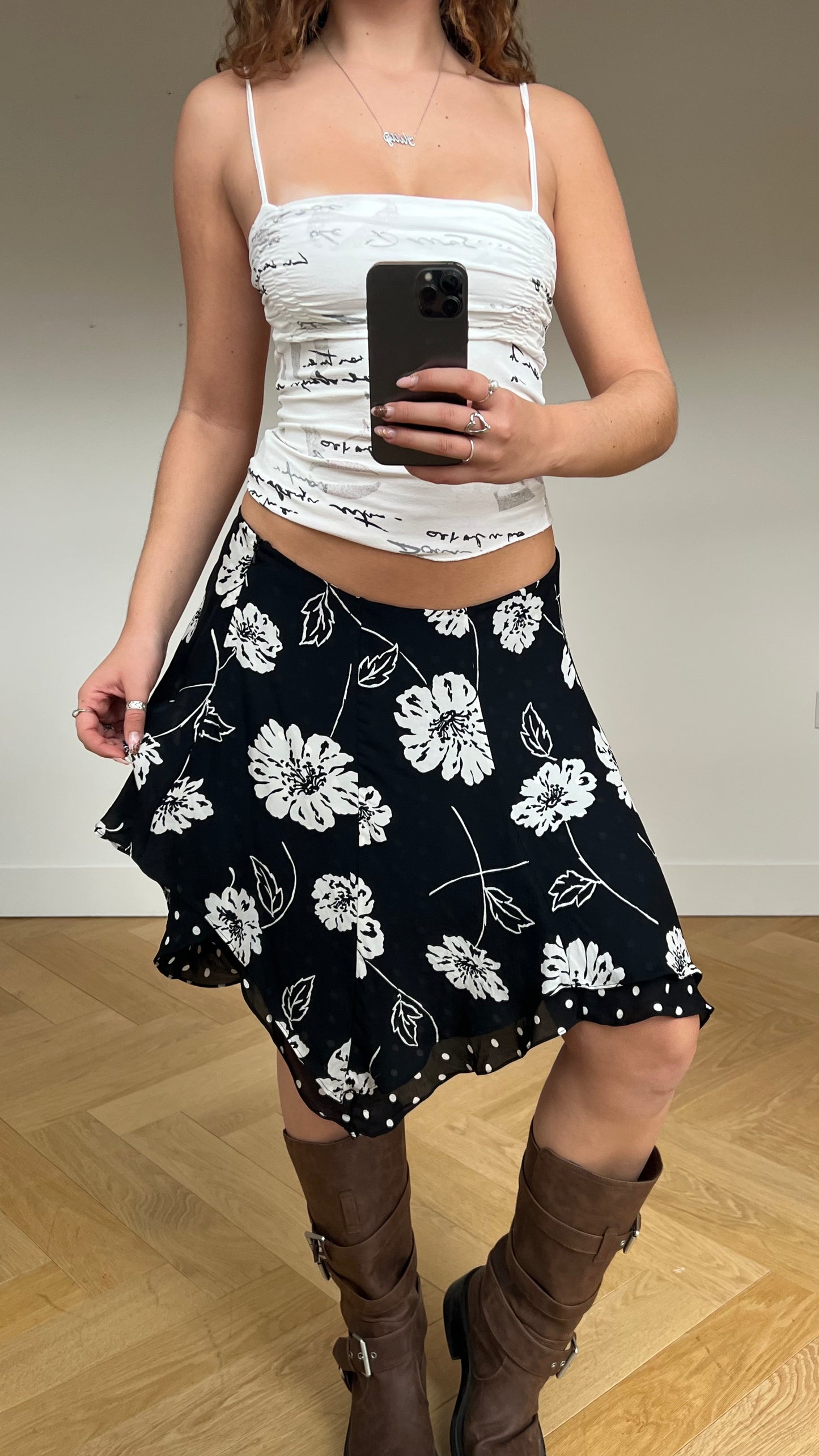 00s black polka dot floral midi skirt- size M