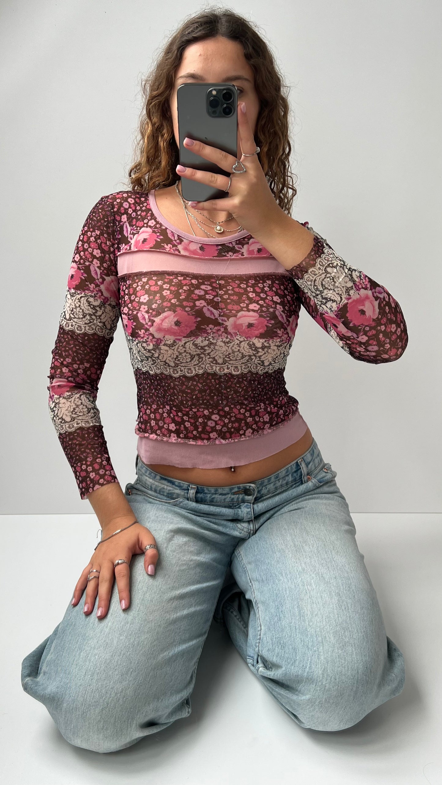 00s patchwork pink mesh long sleeve top- size S