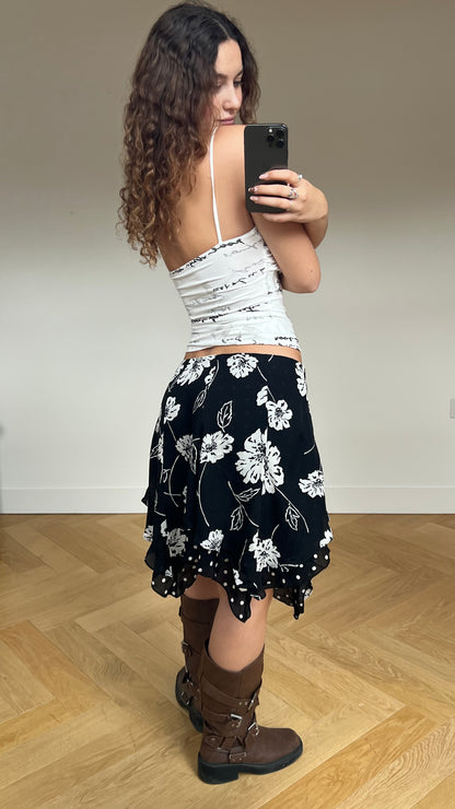 00s black polka dot floral midi skirt- size M