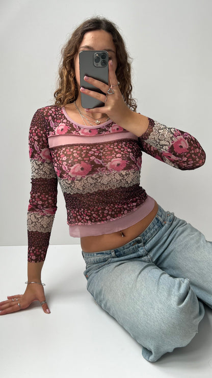 00s patchwork pink mesh long sleeve top- size S