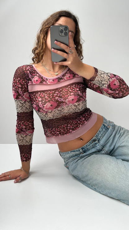00s patchwork pink mesh long sleeve top- size S