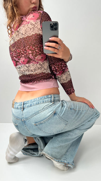 00s patchwork pink mesh long sleeve top- size S