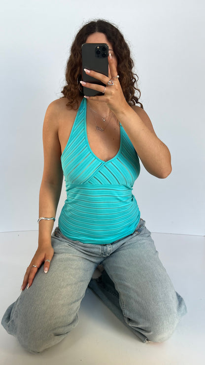 00s blue mesh stripe halter cami- size M