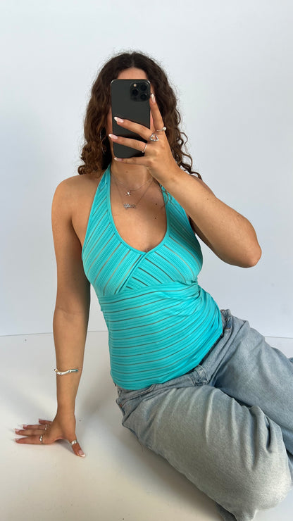00s blue mesh stripe halter cami- size M