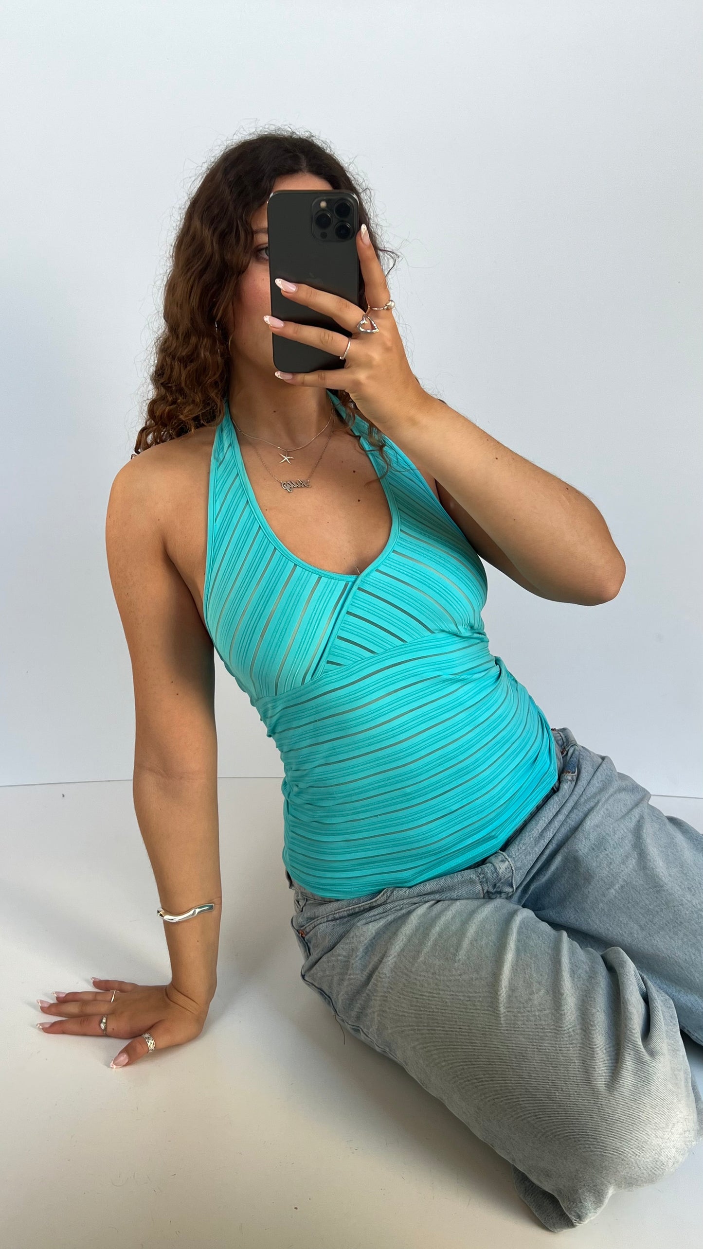 00s blue mesh stripe halter cami- size M