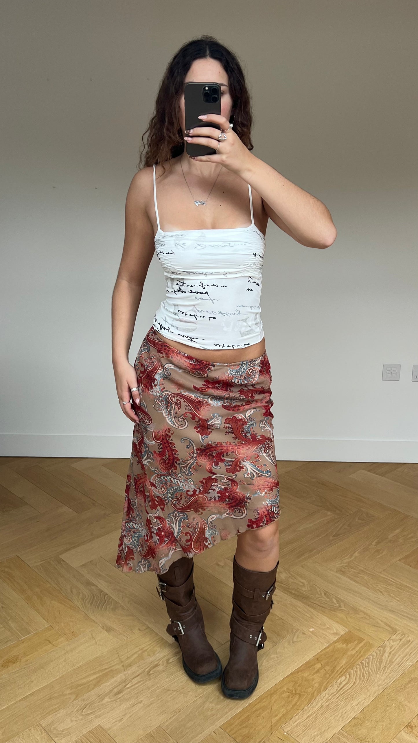 00s brown red paisley midi skirt- size M