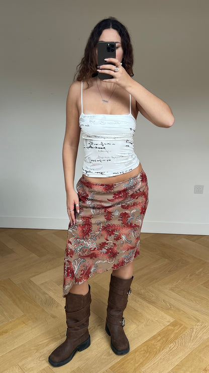 00s brown red paisley midi skirt- size M