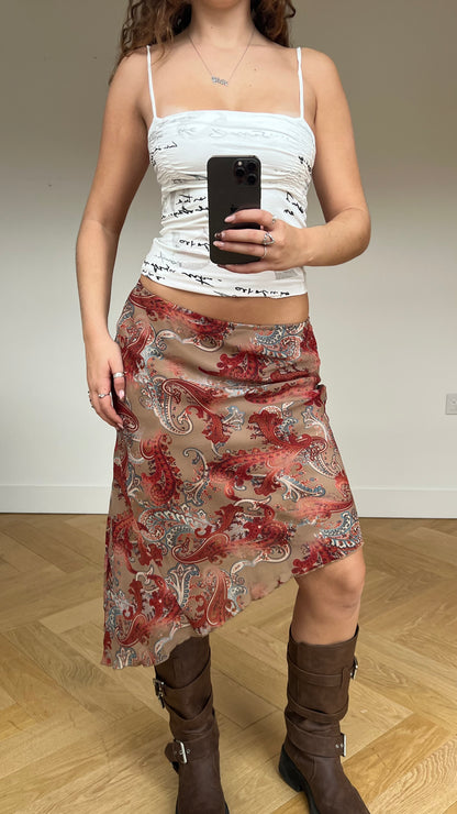 00s brown red paisley midi skirt- size M
