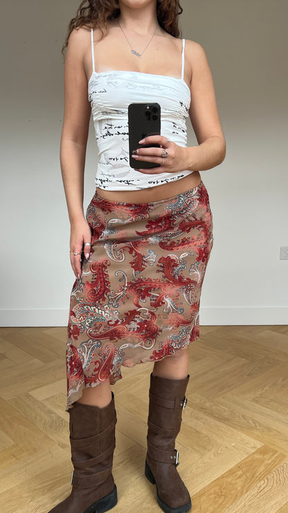 00s brown red paisley midi skirt- size M