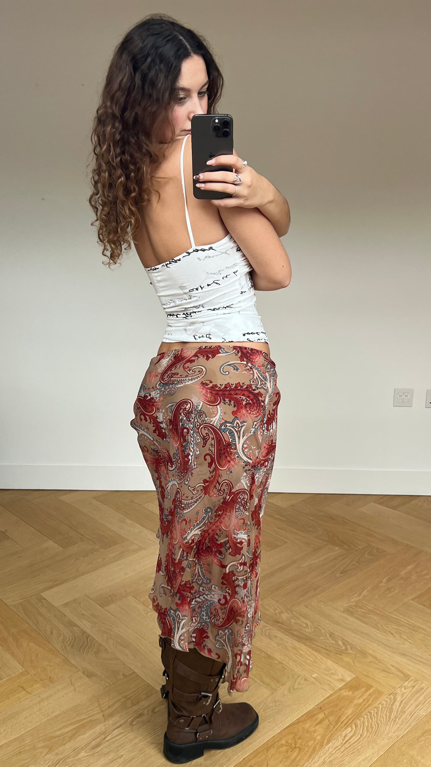 00s brown red paisley midi skirt- size M