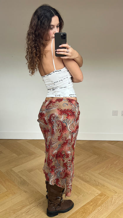 00s brown red paisley midi skirt- size M