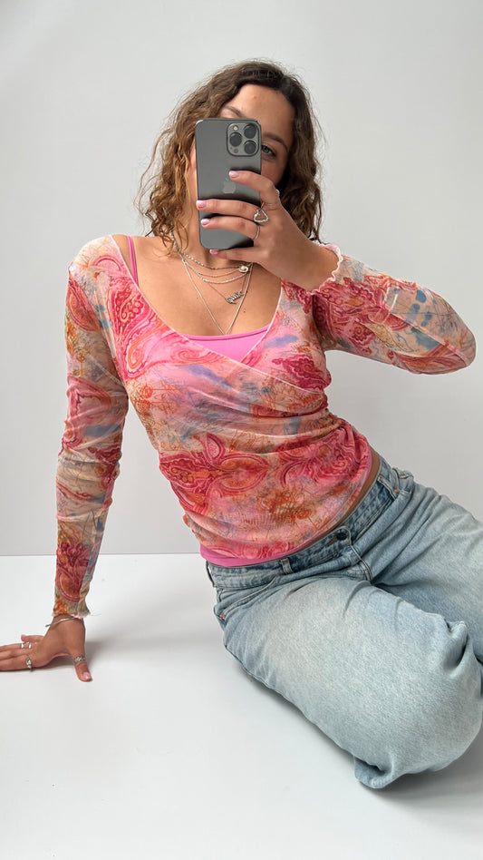 00s Cache pink mesh long sleeve top- S/M