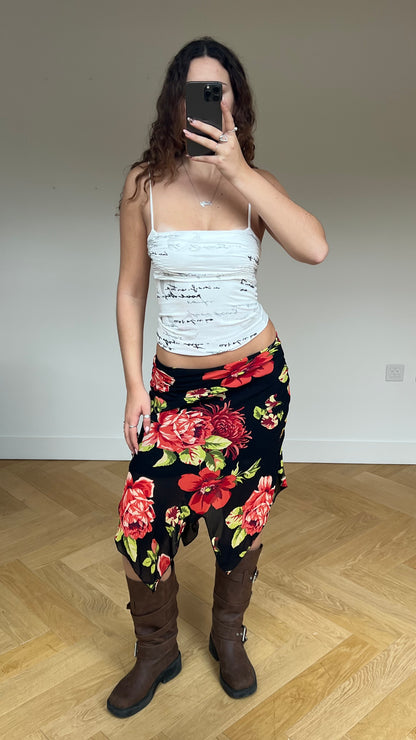 00s black red floral midi skirt- size S