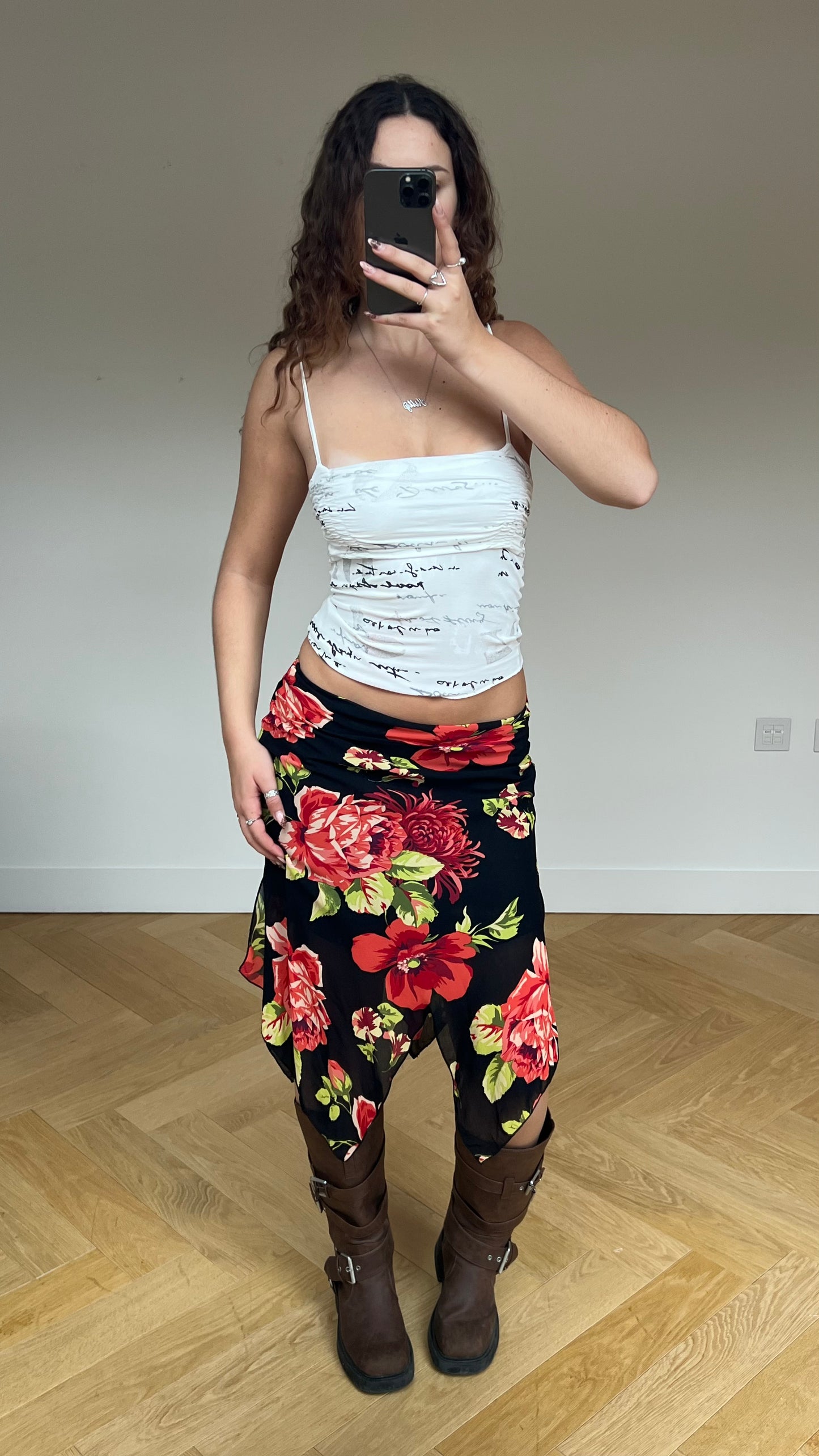 00s black red floral midi skirt- size S