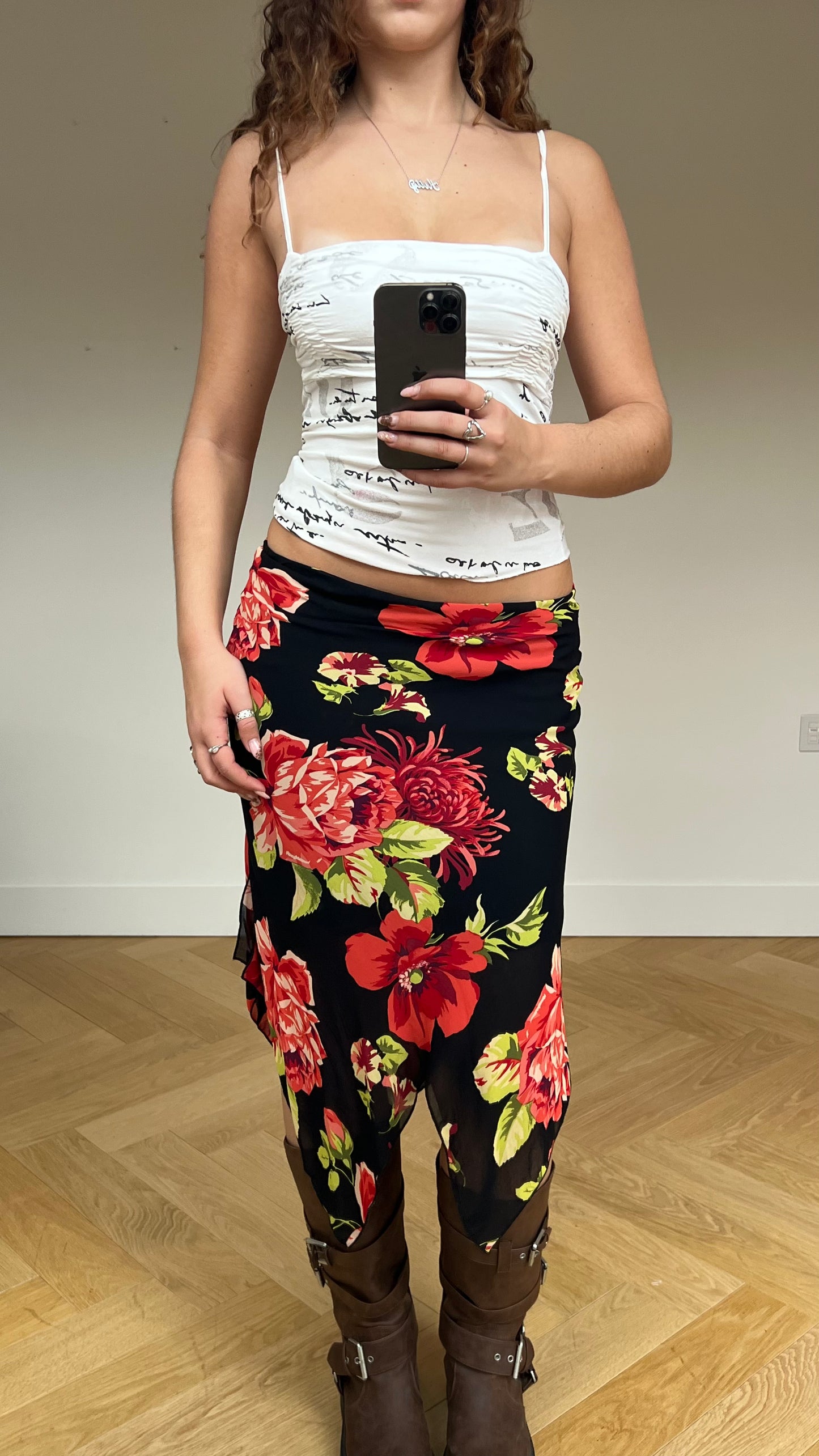 00s black red floral midi skirt- size S