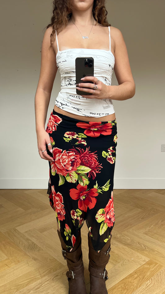 00s black red floral midi skirt- size S