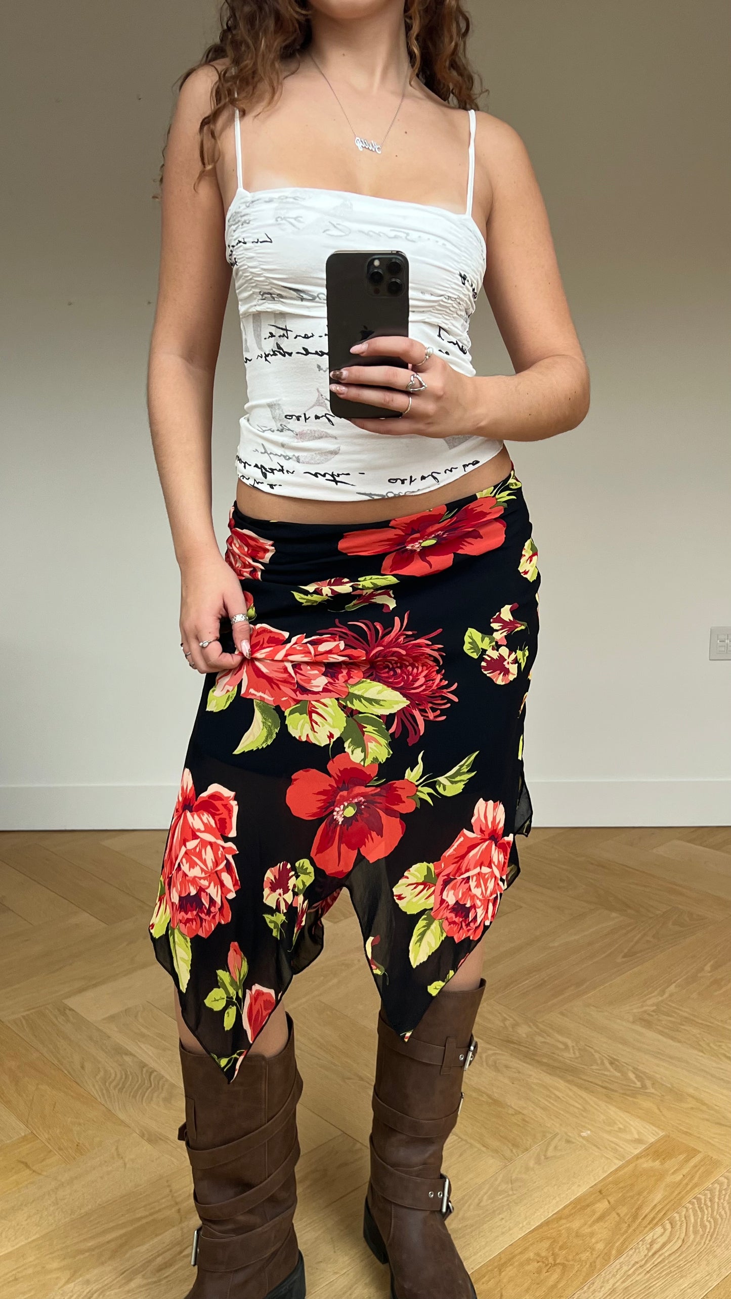 00s black red floral midi skirt- size S