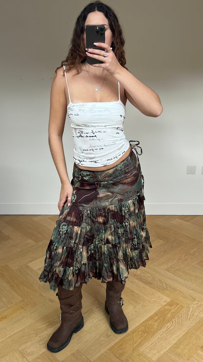 00s brown blue pleated midi skirt- size S