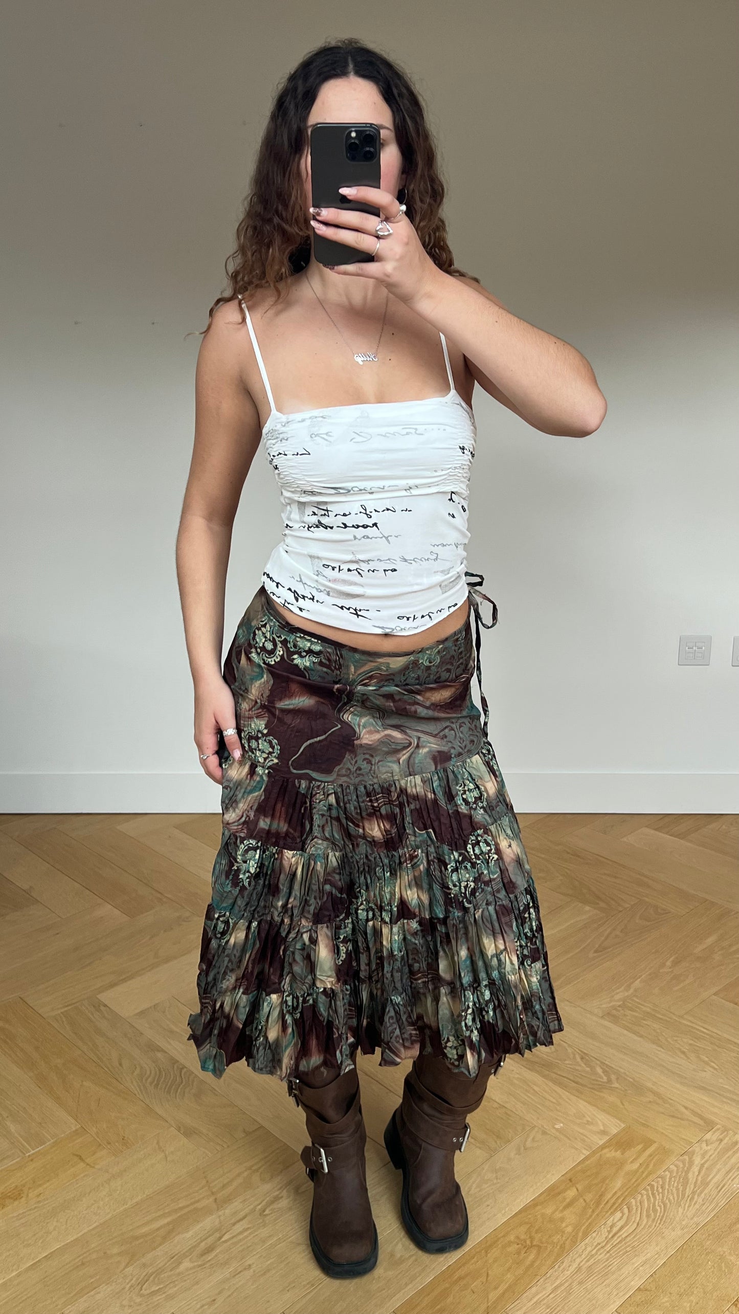 00s brown blue pleated midi skirt- size S