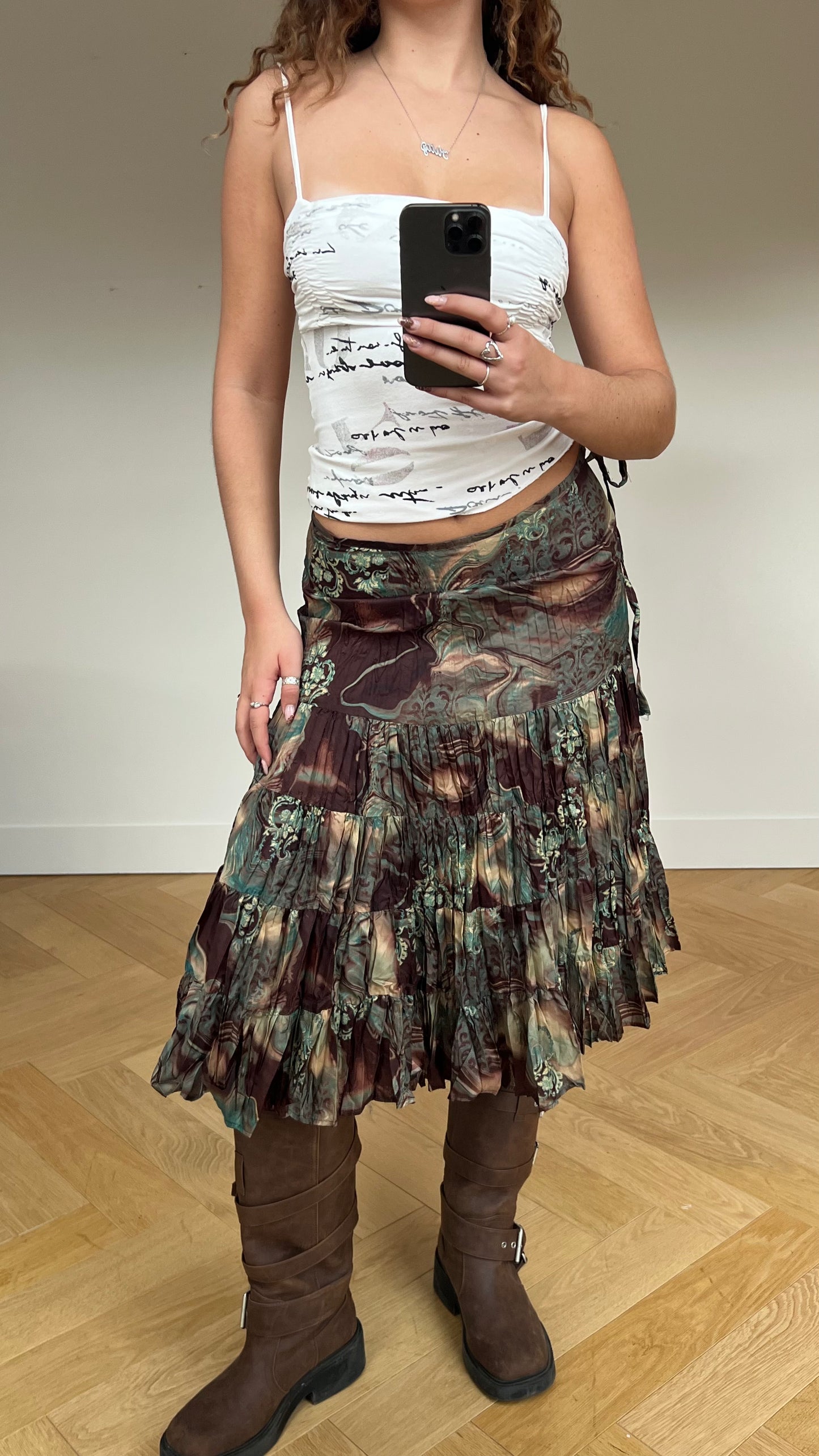 00s brown blue pleated midi skirt- size S