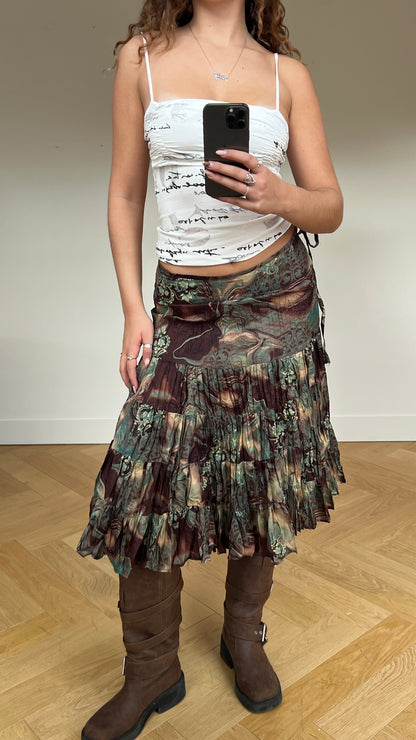 00s brown blue pleated midi skirt- size S