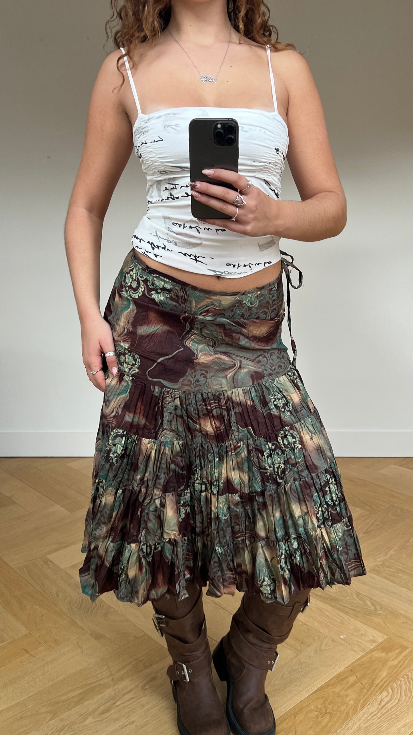 00s brown blue pleated midi skirt- size S