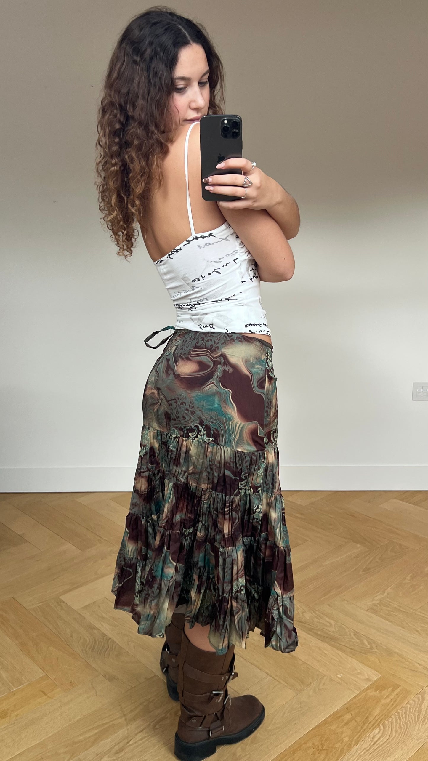 00s brown blue pleated midi skirt- size S