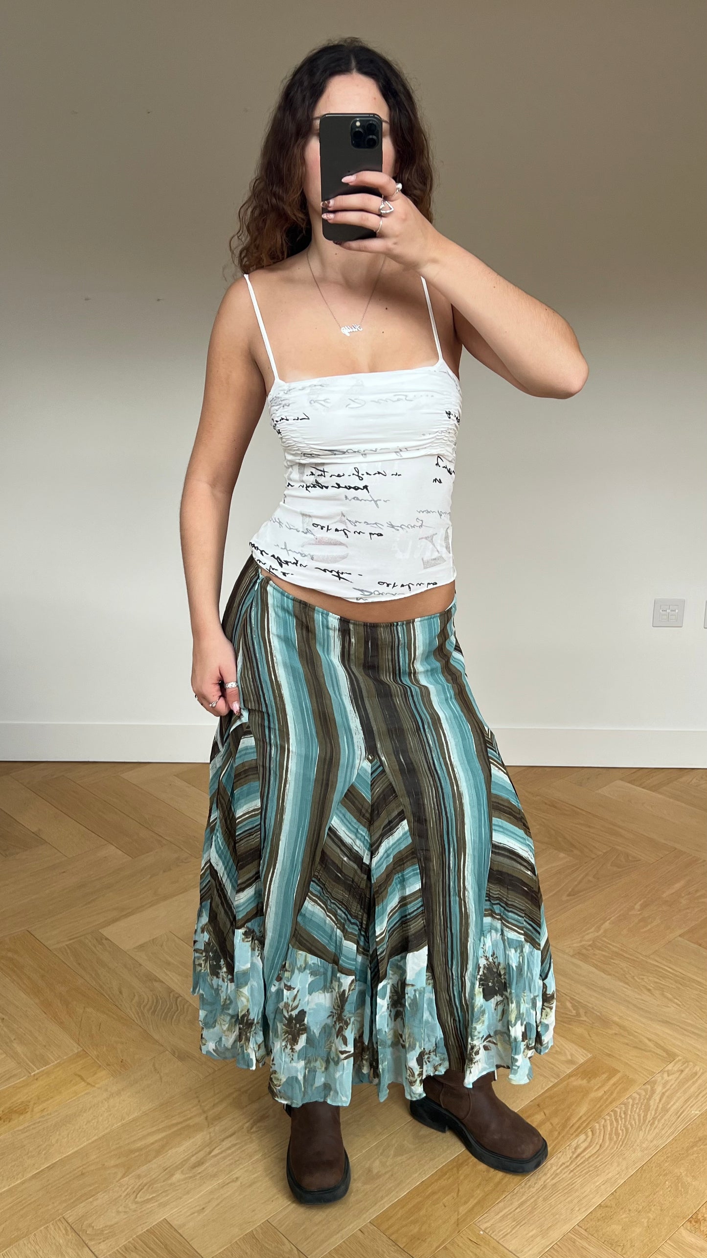 00s brown blue mesh maxi skirt- size M