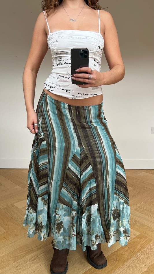 00s brown blue mesh maxi skirt- size M