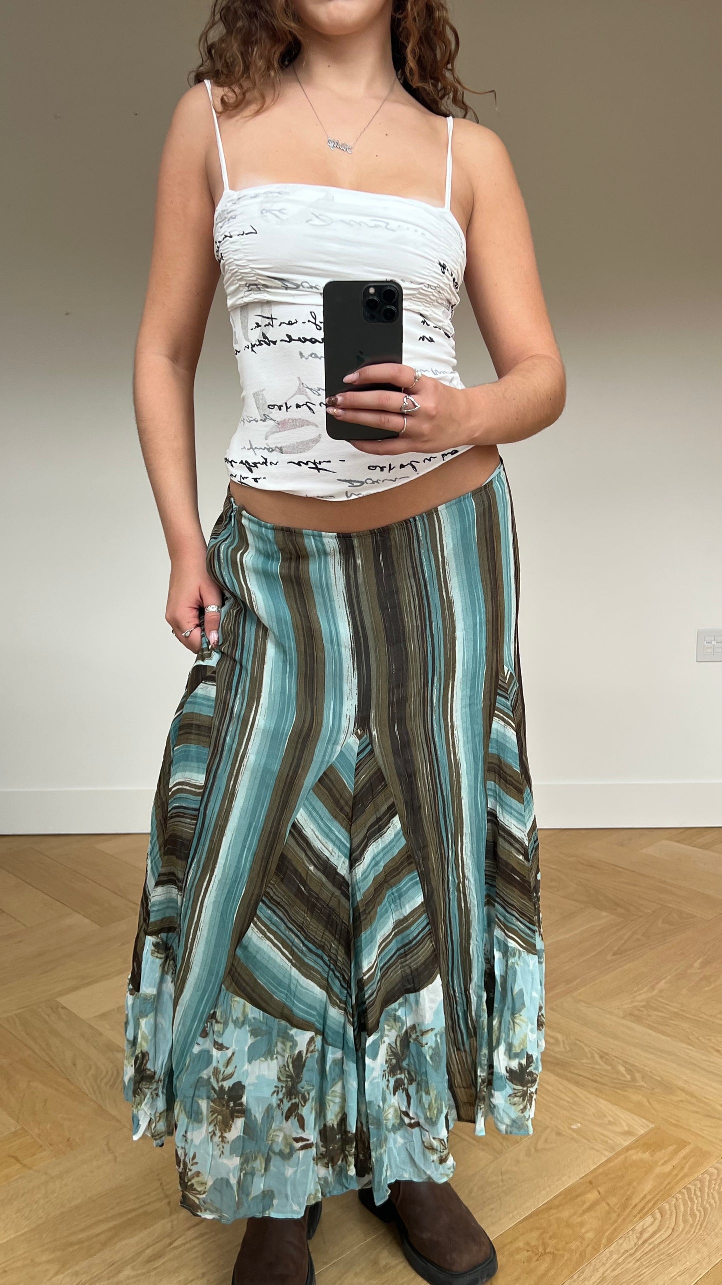 00s brown blue mesh maxi skirt- size M