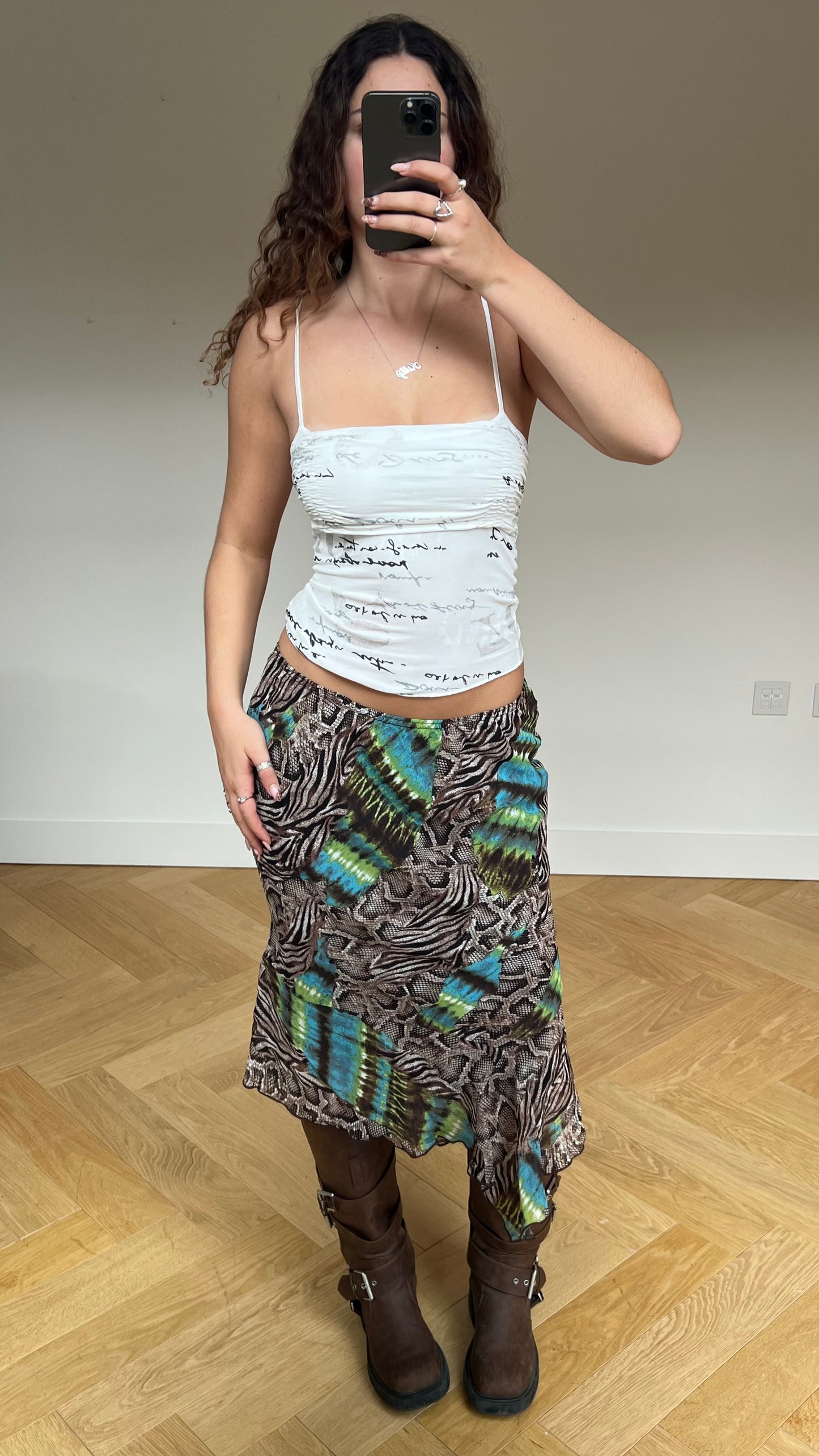 00s leopard print green midi skirt- size M