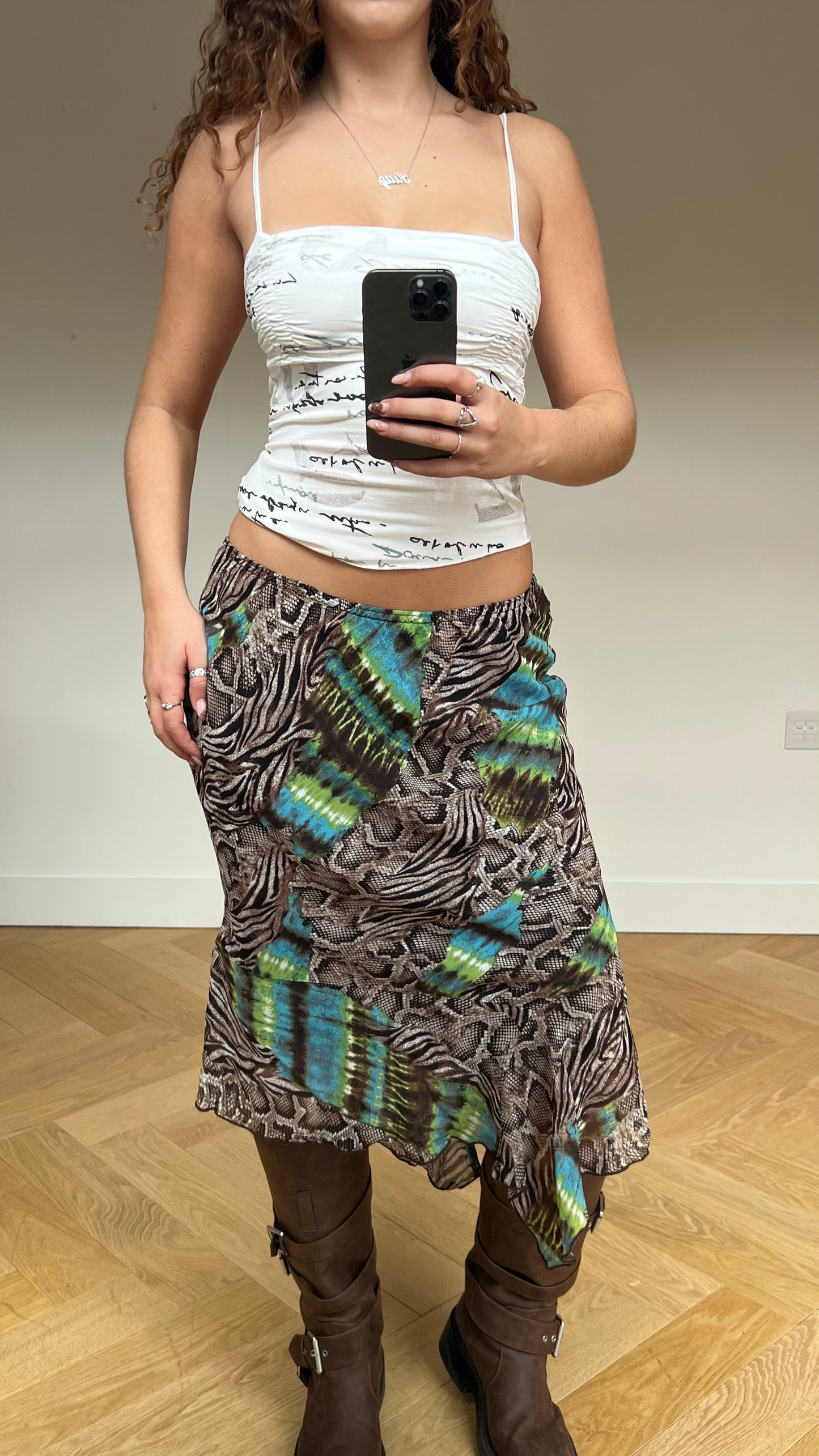 00s leopard print green midi skirt- size M