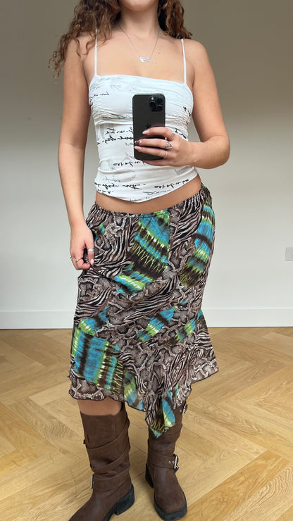 00s leopard print green midi skirt- size M