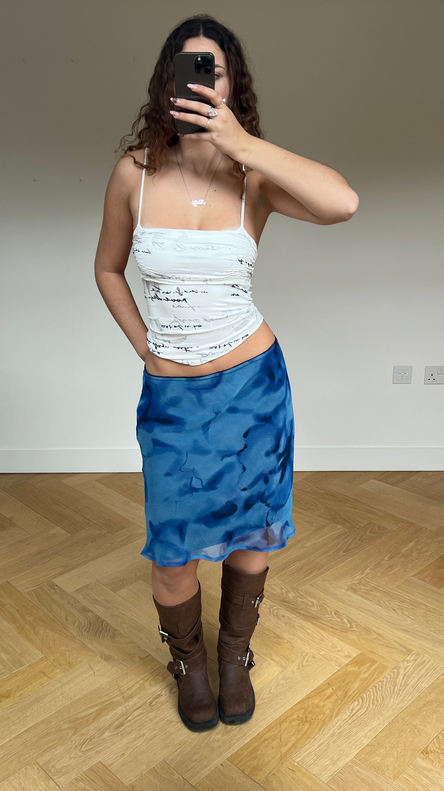 00s blue mesh midi skirt- size XL