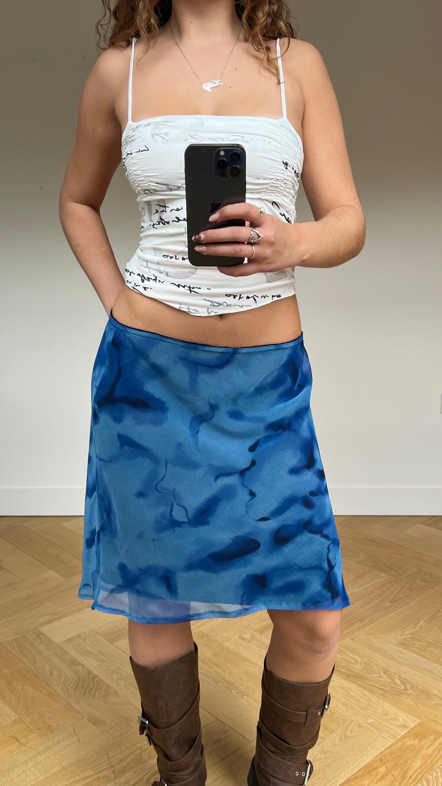 00s blue mesh midi skirt- size XL