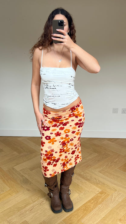 00s orange floral midi skirt- size S
