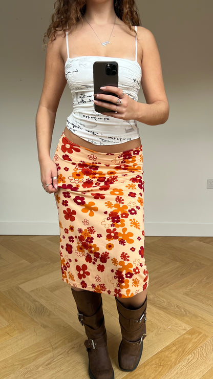 00s orange floral midi skirt- size S