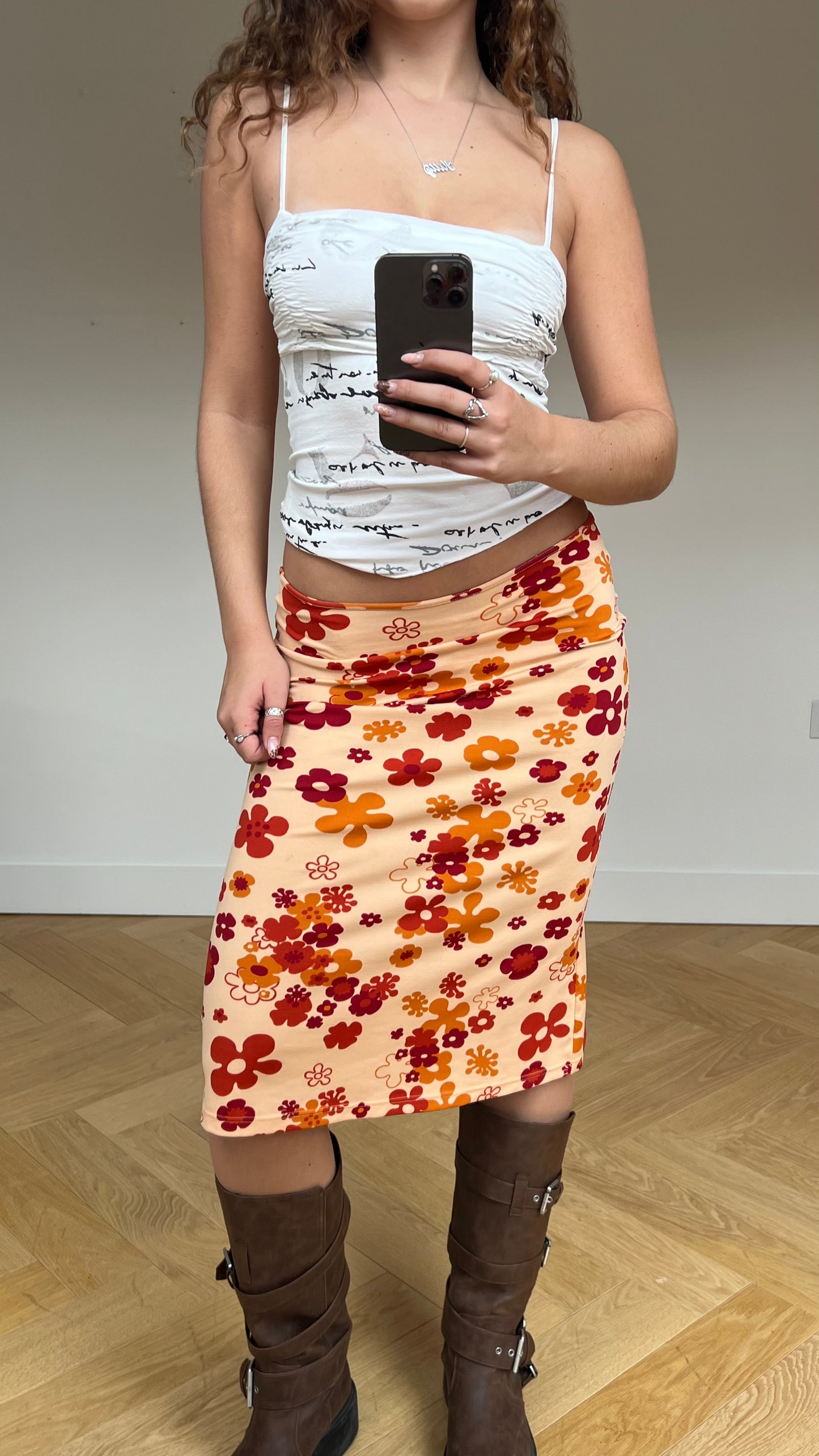 00s orange floral midi skirt- size S