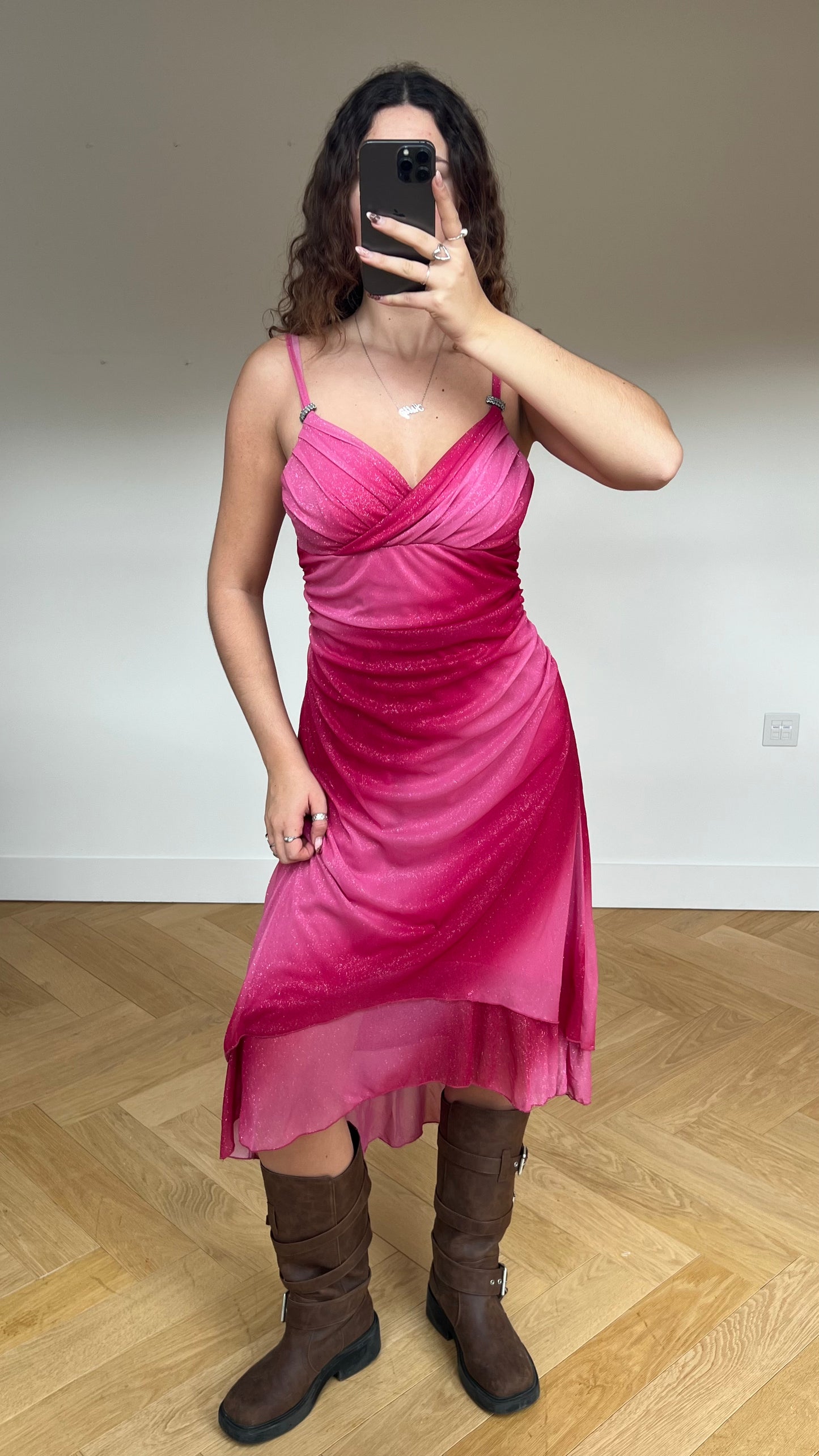 00s pink glitter mesh midi dress- size L