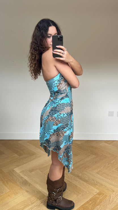 00s brown blue asymmetric midi dress- size S