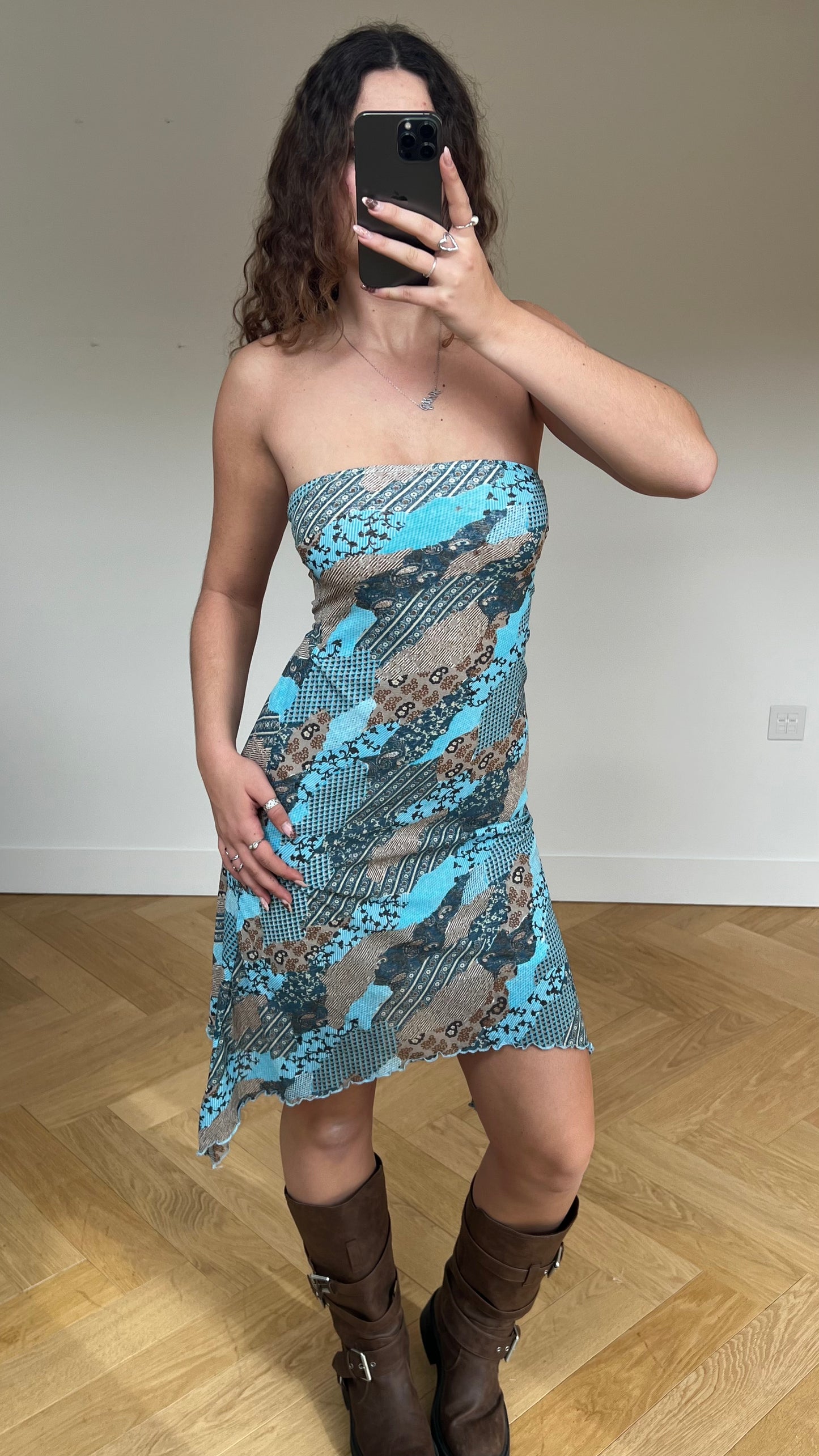 00s brown blue asymmetric midi dress- size S