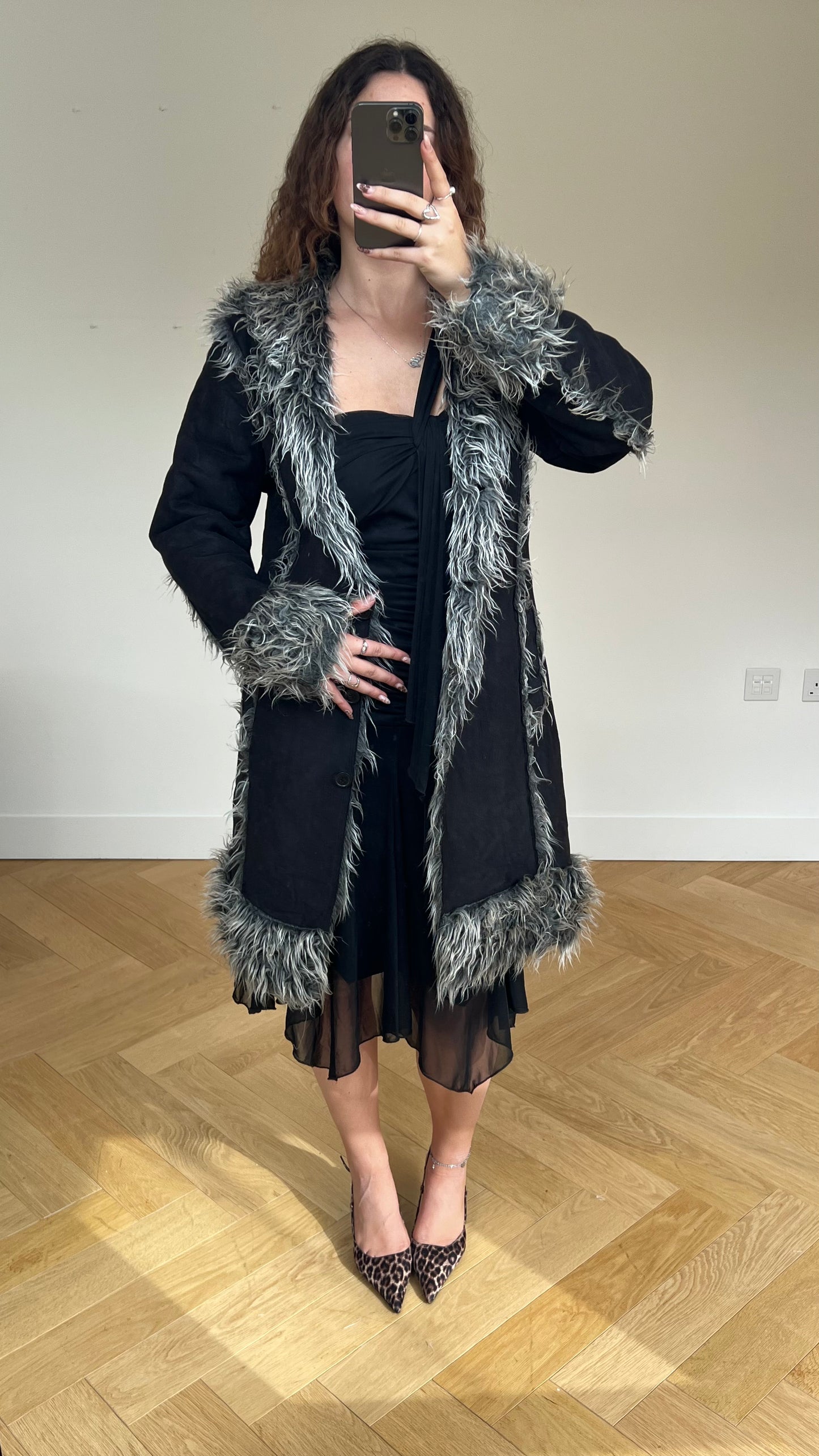 00 black grey afghan coat- size L