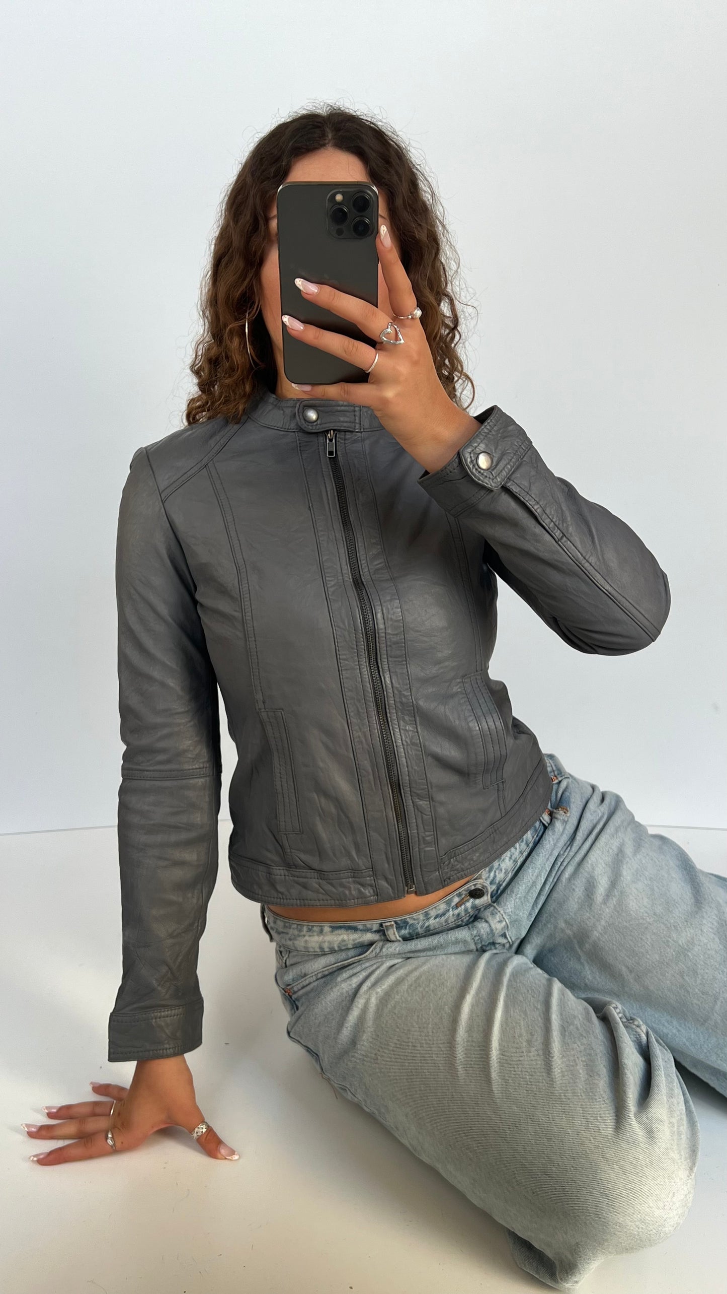 00s blue leather jacket- size M