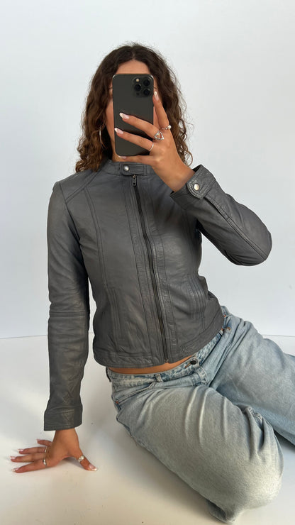 00s blue leather jacket- size M