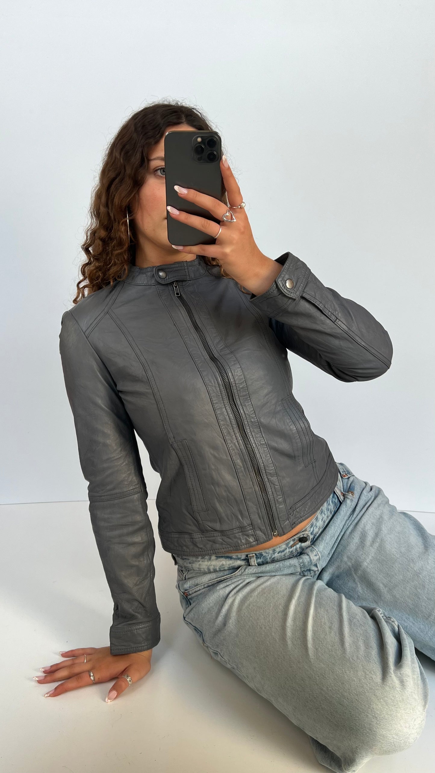 00s blue leather jacket- size M