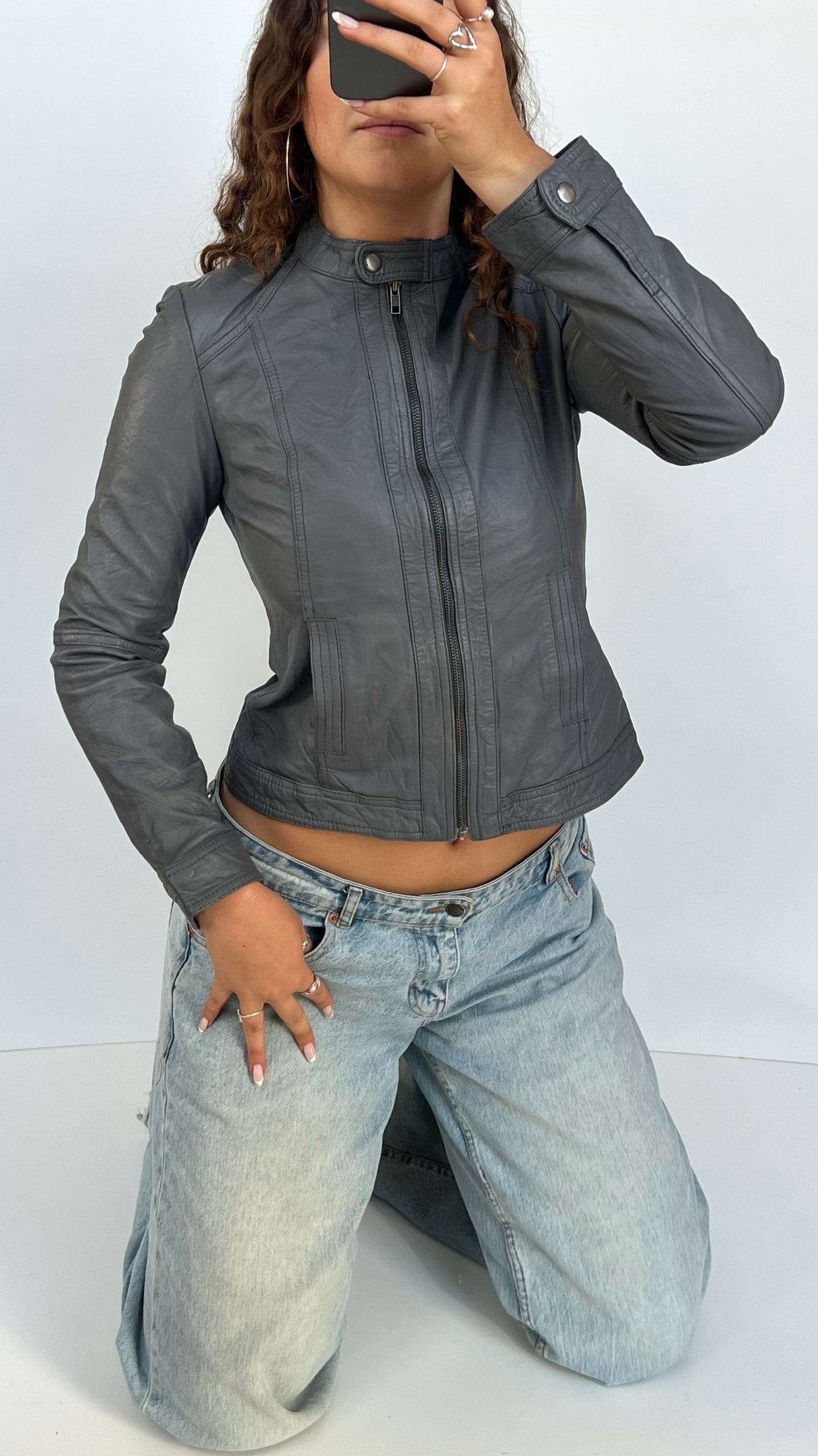 00s blue leather jacket- size M